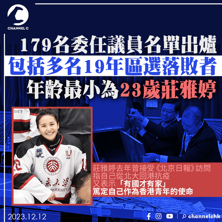 179名委任議員名單出爐　包括多名19年區選落敗者　年齡最小為23歲莊雅婷