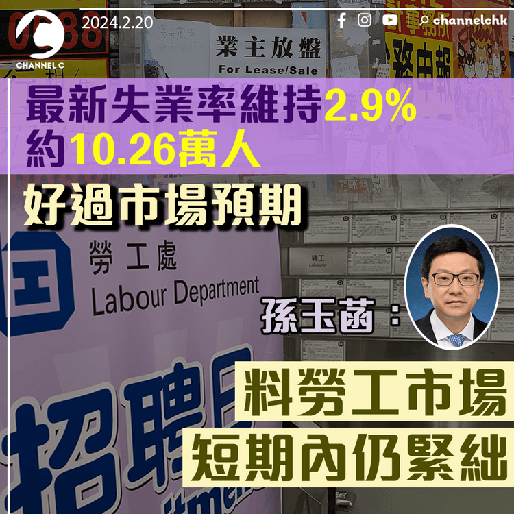 最新失業率維持2.9%　約10.26萬人　好過市場預期　孫玉菡：料勞工市場短期內仍緊絀