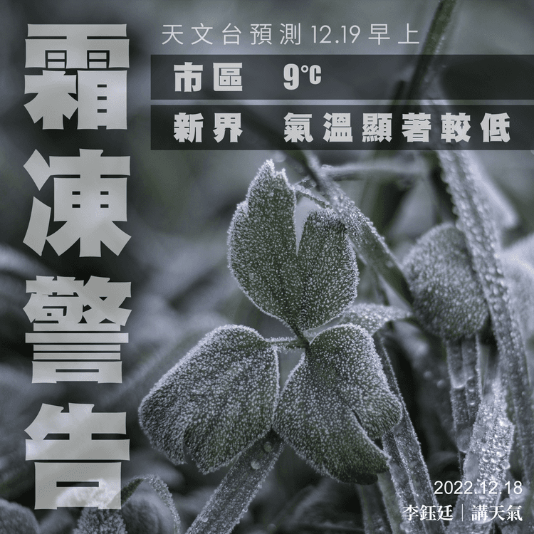 霜凍警告！高地新界北12.19朝或結地面霜 天文台料市區9°C新界顯著較低｜天氣師李鈺廷