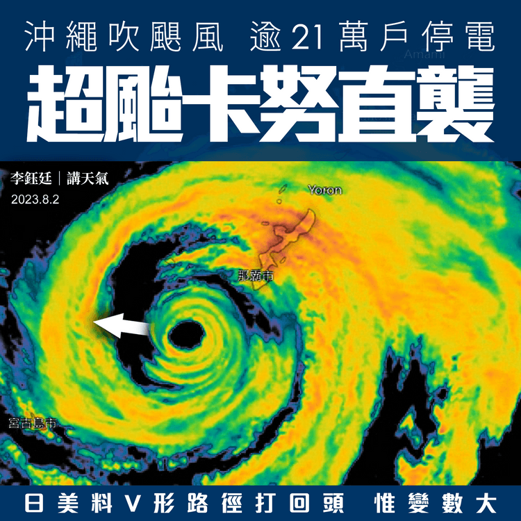 超颱卡努直襲沖繩！逾21萬戶停電 疑吹冧車庫砸死翁 日美料V形路徑打回頭 惟變數大｜天氣師李鈺廷