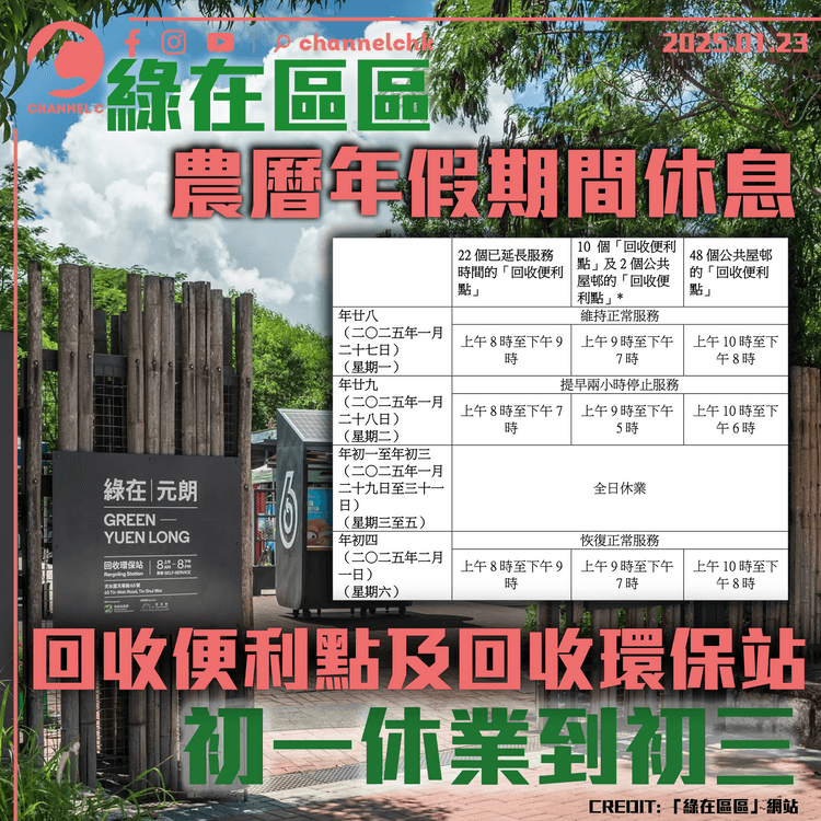 綠在區區農曆年假期間休息　 回收便利店及回收環保站初一休業到初三