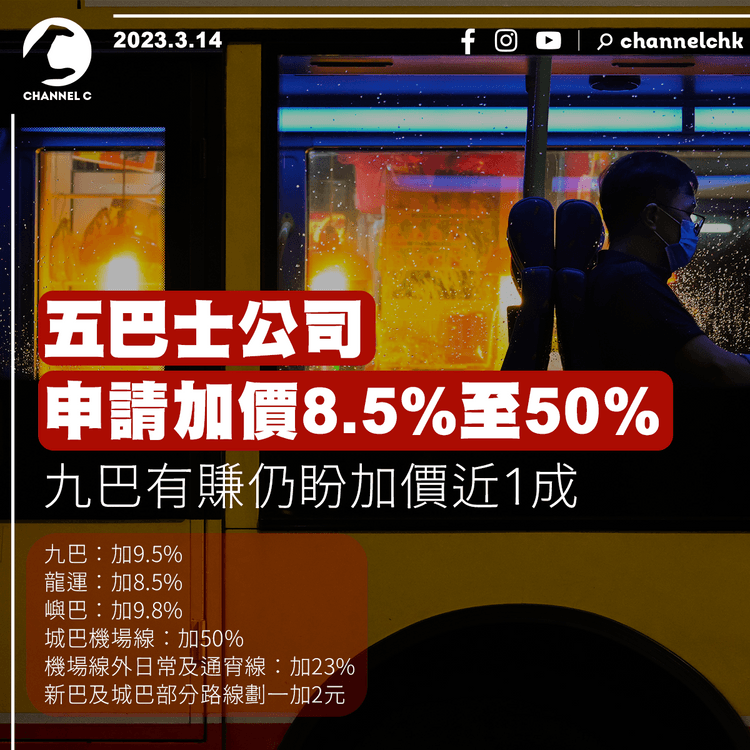 五巴士公司申請加價8.5%至50% 九巴有賺仍盼加價近1成