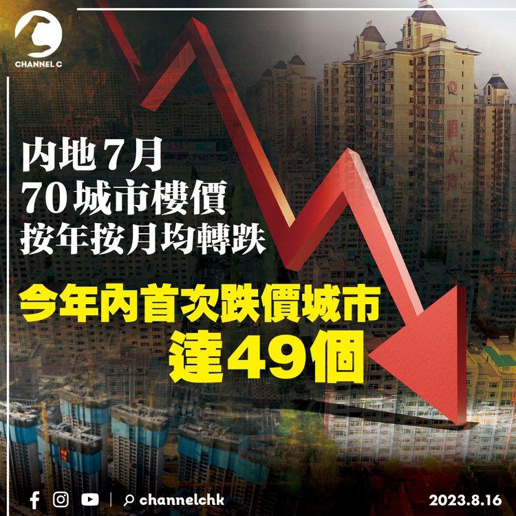 內地7月70城市樓價按年按月均轉跌　今年內首次跌價城市達49個