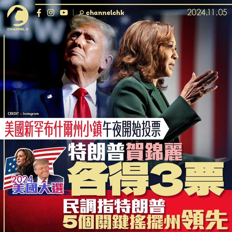 美國總統大選｜ 美國新罕布什爾州小鎮午夜開始投票　特朗普賀錦麗各得3票　民調指特朗普5個關鍵搖擺州領先