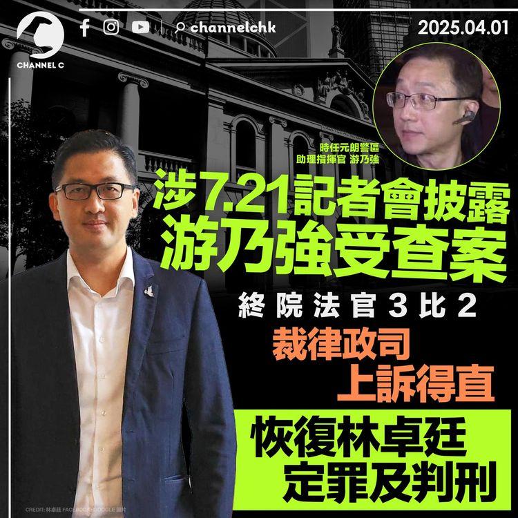 涉7.21記者會披露游乃強受查案　終院法官3比2裁律政司上訴得直　恢復林卓廷定罪及判刑