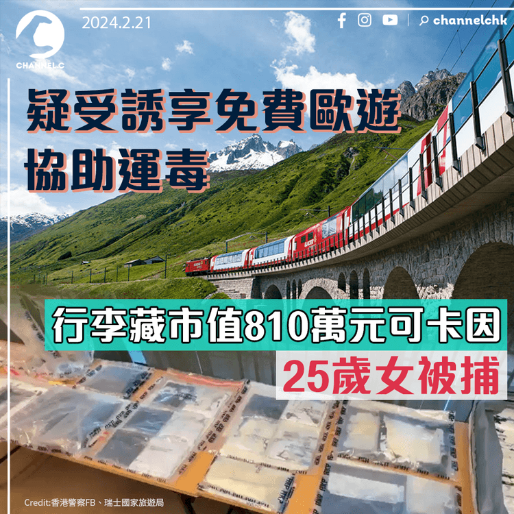 疑受誘享免費歐遊協助運毒　行李藏市值810萬元可卡因　25歲女被捕