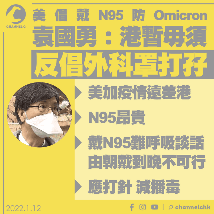 美倡戴N95防Omicron 袁國勇稱港暫毋須 反建議外科罩打孖 重申打針減播毒風險