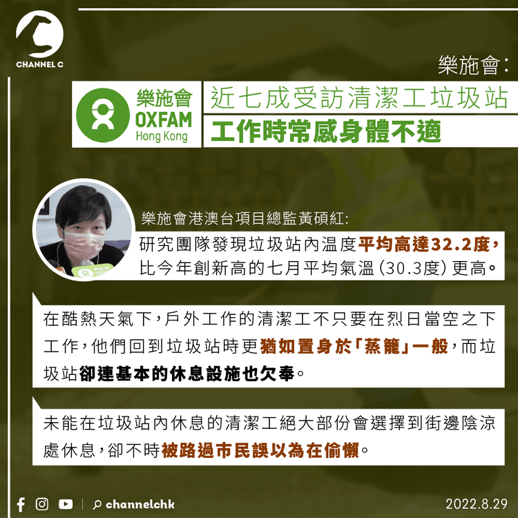 樂施會：近七成受訪清潔工垃圾站工作時常感身體不適