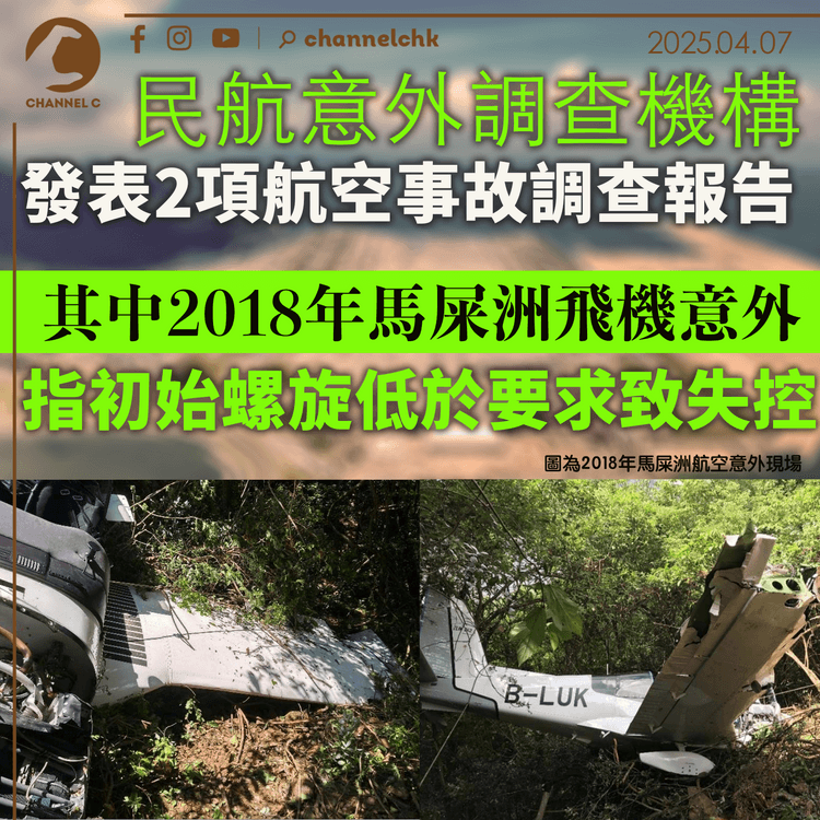 民航意外調查機構發表2項航空事故調查報告　其中2018年馬屎洲飛機意外　指初始螺旋低於要求致失控