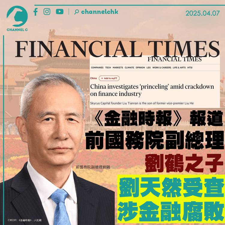 《金融時報》報道　前國務院副總理劉鶴之子劉天然受查　涉金融腐敗