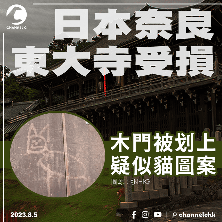 日本奈良東大寺受損　木門被划上疑似貓圖案